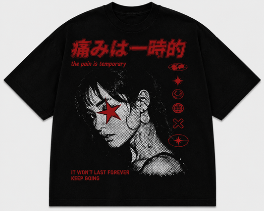 Pain Is Temporary black oversized graphic T-shirt with halftone portrait front view