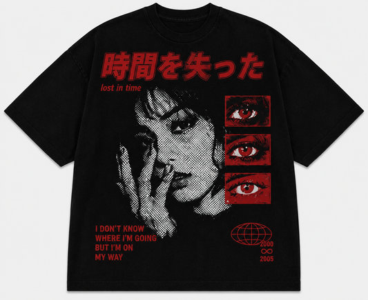 Lost in Time black oversized graphic T-shirt with halftone portrait and red eye panels front view