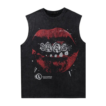 Vintage Lip Print Washed Tank Top - Hominus Denim