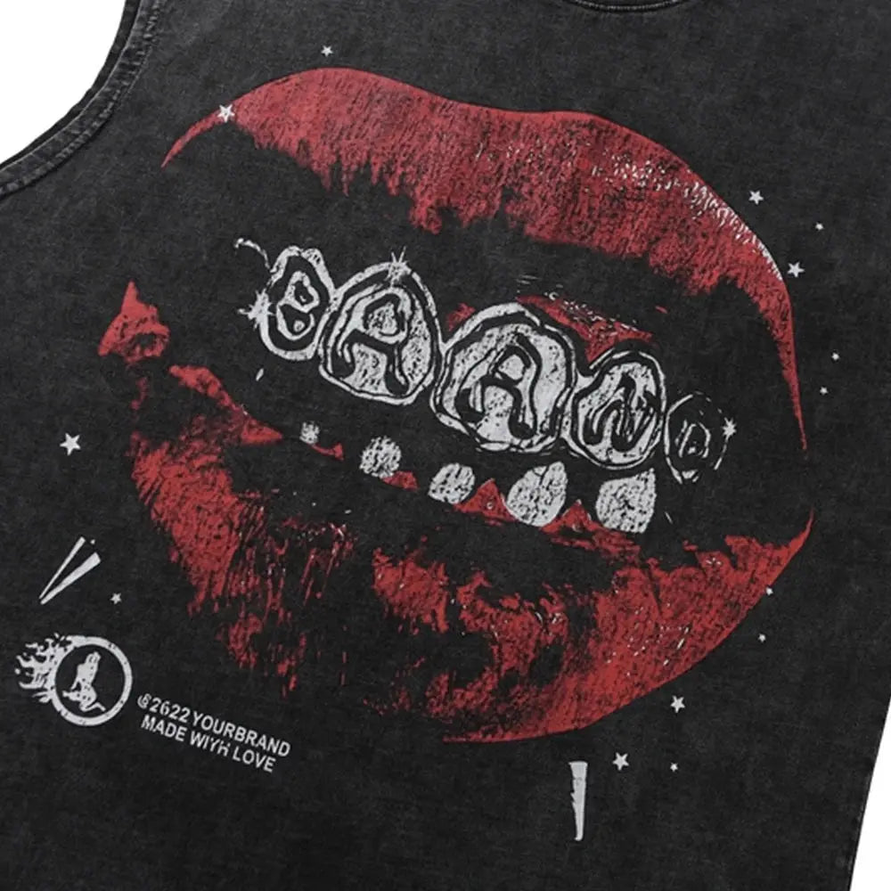Vintage Lip Print Washed Tank Top - Hominus Denim