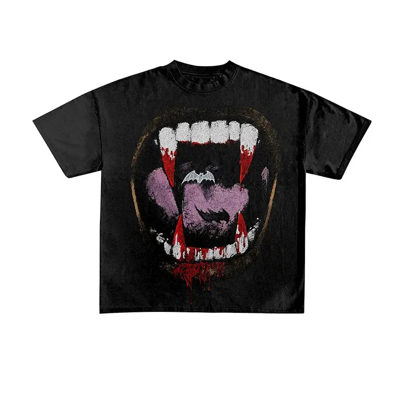 Y2K Graphic Vampire Fang Printed Tee - Hominus Denim