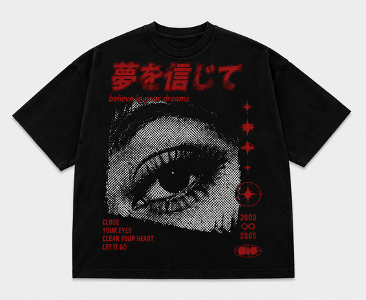 Believe in Your Dreams black oversized graphic T-shirt with halftone eye print front view