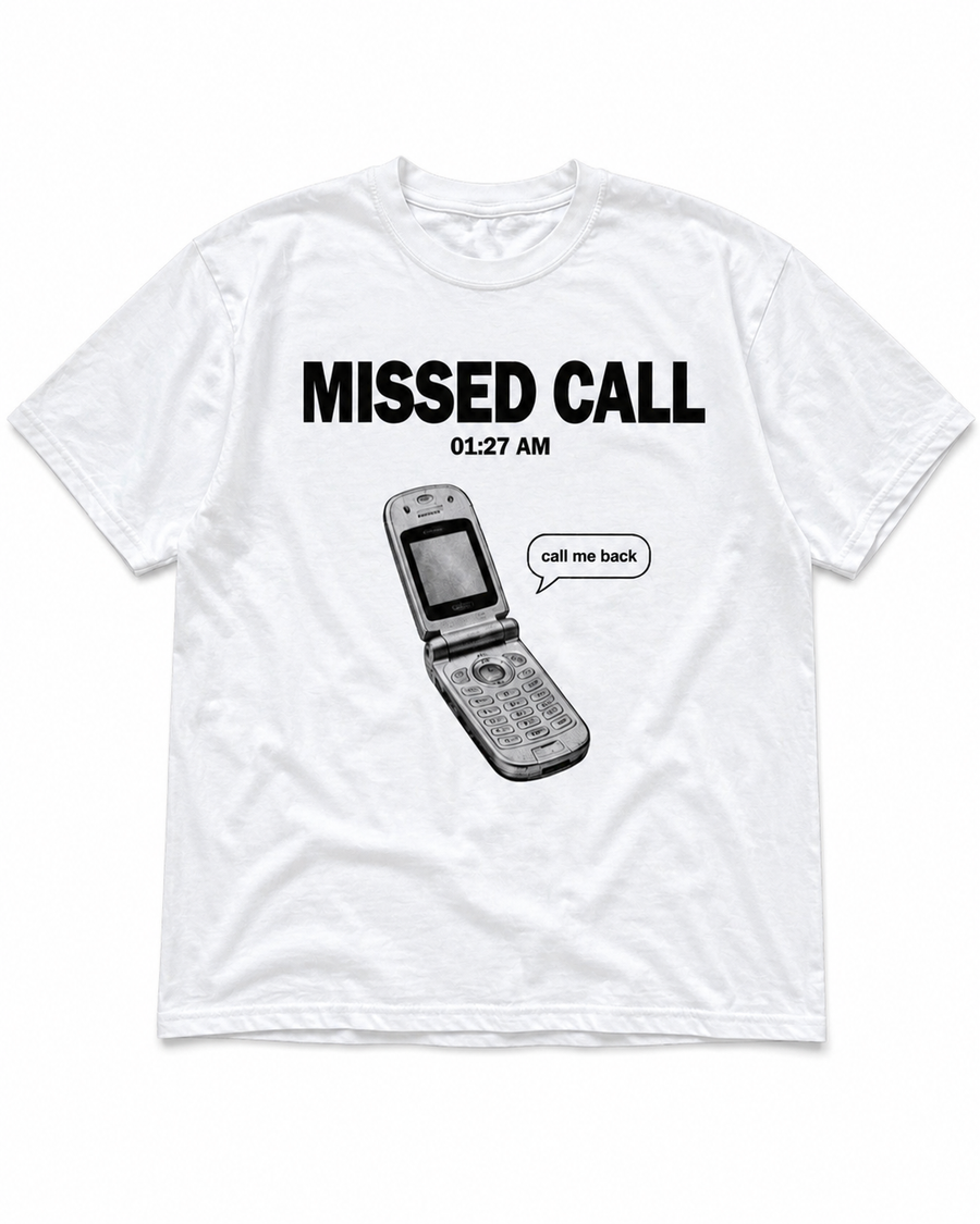 Archived Memories Missed Call flip phone oversized white graphic T-shirt front view