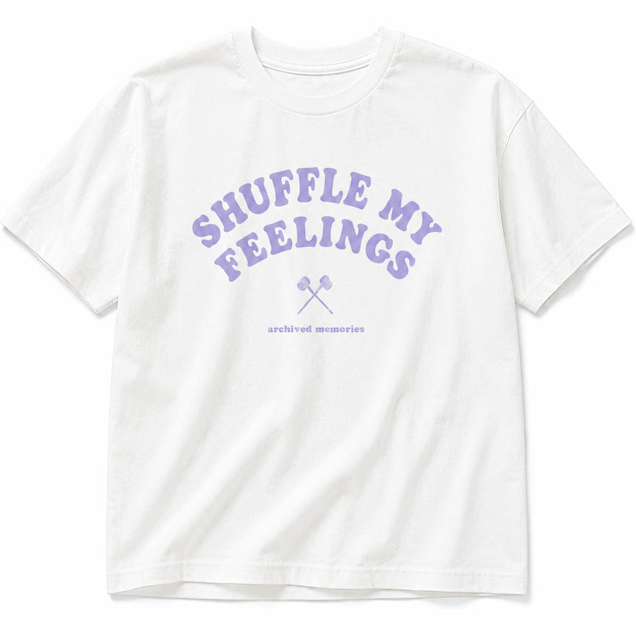 Archived Memories Shuffle My Feelings oversized white T-shirt, centered at uniform scale on pure white background