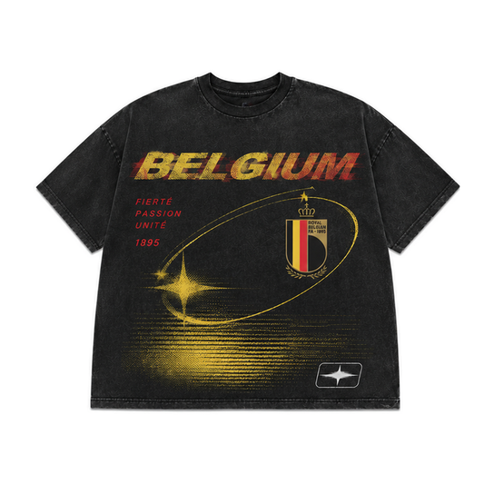 Belgium 2026 oversized vintage Y2K football graphic T-shirt on white background
