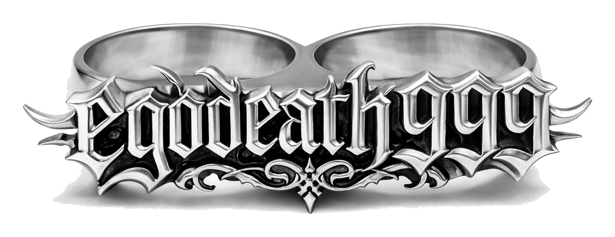 EGODEATH999 silver-tone double finger ring, on transparent background